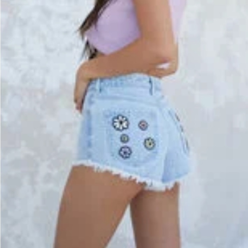 PacSun Flower High Waisted Denim Festival Denim Shorts size 25 Floral Embroidery